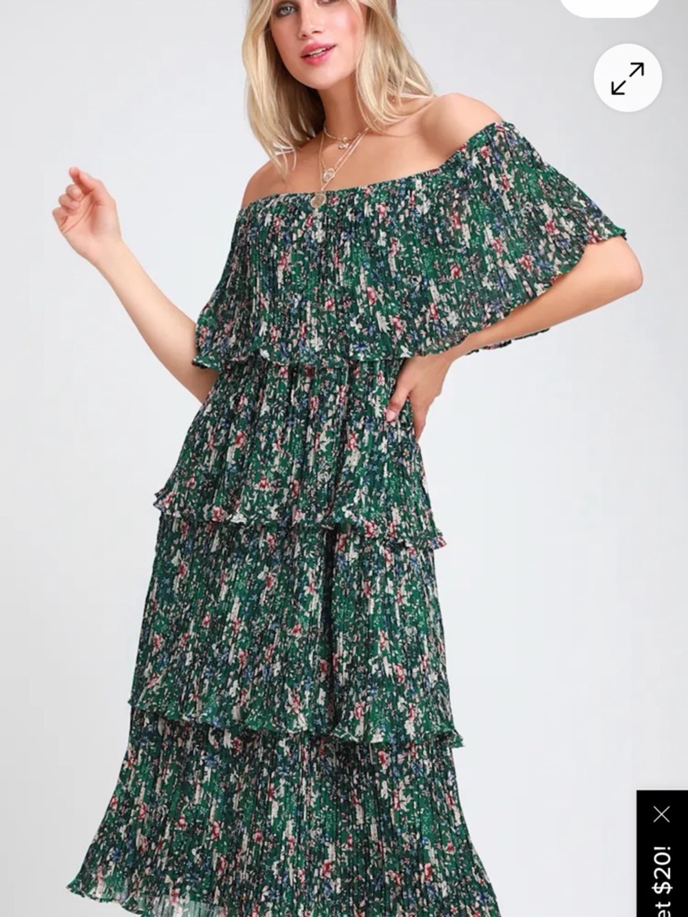 Lulu's Dark Green Floral Off-Shoulder Tiered Midi Dress
